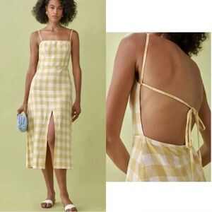 Reformation Nia Linen Open Back Midi Dress in Dandelion Check